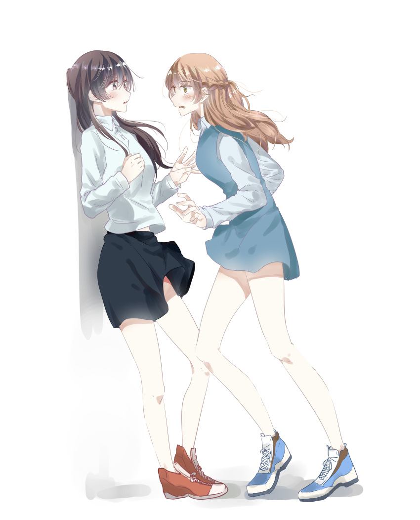 2girls, absurdres, against_wall, black_hair, black_skirt, blue_dress, blue_footwear, blush
