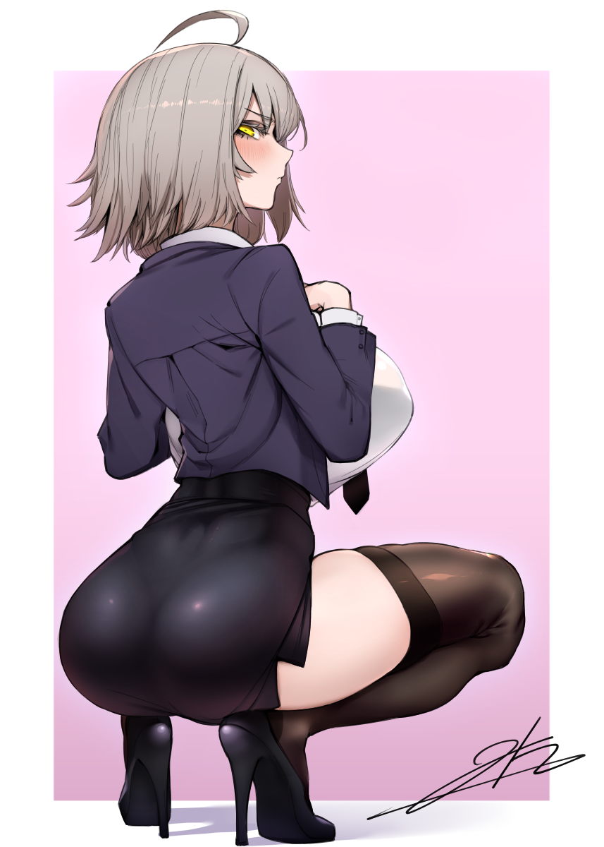 1girl, ahoge, alternate_costume, ass, bangs, black_jacket, black_legwear, black_neckwear, blush, breasts, closed_mouth, commentary_request, eyebrows_visible_through_hair, fate/grand_order, fate_(series), from_behind, full_body, grey_hair, hands_on_own_chest, high_heels, highres, j.k., jacket, jeanne_d'arc_(alter)_(fate), jeanne_d'arc_(fate)_(all), large_breasts, looking_at_viewer, looking_back, miniskirt, necktie, office_lady, open_clothes, open_jacket, pink_background, profile, shirt, short_hair, side_slit, signature, simple_background, skirt, solo, spread_legs, squatting, thigh-highs, white_shirt