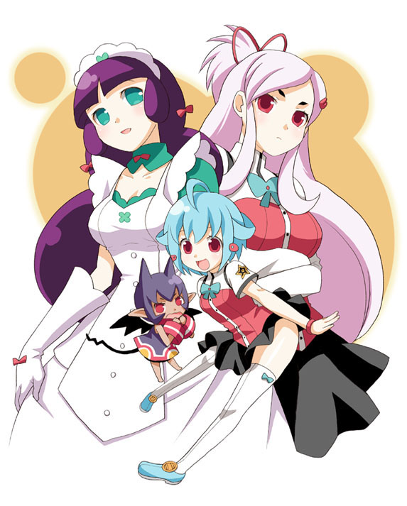 ahoge, akuma_kuro, bat_wings, black_hair, blue_hair, bow, choker, demon_girl, doki_doki_majo_shinpan, doki_doki_majo_shinpan_2, dress, flying, gloves, green_eyes, hair_ornament, hair_ribbon, hairclip, haori_kureha, himichi_sophie, hiro_sophie, leaning_forward, long_hair, maid, maid_headdress, mattaku_mosuke, minigirl, multiple_girls, pointy_ears, ponytail, purple_hair, red_eyes, ribbon, seika_koron, short_hair, thighhighs, turtleneck, very_long_hair, white_hair, white_legwear, wings, zettai_ryouiki