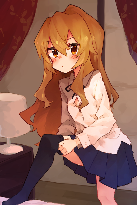 1girl, aisaka_taiga, bangs, black_ribbon, blush, brown_eyes, brown_hair, closed_mouth