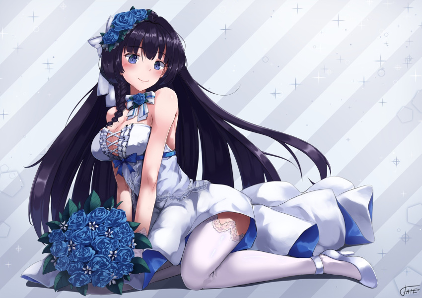 1girl, alternate_costume, bangs, bare_shoulders, blue_flower, blue_ribbon, blue_rose, blush