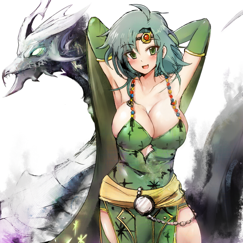 1girl, :d, ahoge, armpits, arms_up, blush, breasts, byte_(grunty-hag1)