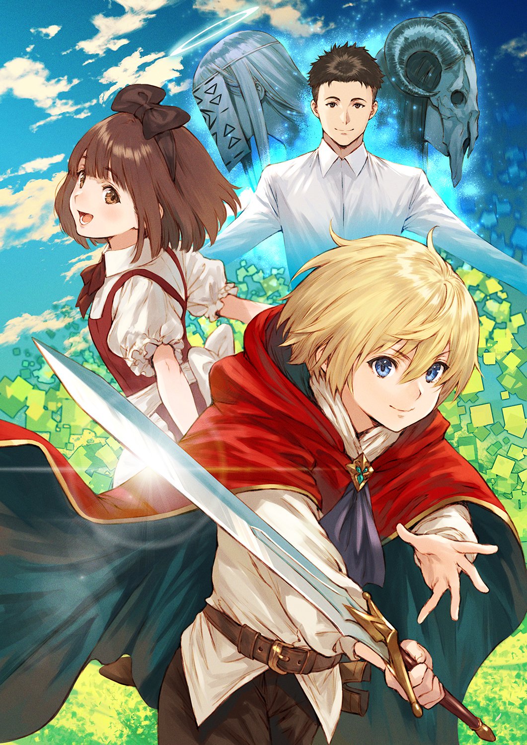 1girl, 2boys, 2others, belt, belt_buckle, black_hair, blue_eyes, blue_sky, bow, brown_bow, brown_eyes, brown_hair, buckle, cloak, clouds, copyright_request, halo, highres, holding, holding_sword, holding_weapon, honkakinarou, medium_hair, multiple_boys, multiple_others, open_mouth, ram_skull, red_cloak, skull, sky, smile, standing, sword, weapon, white_hair