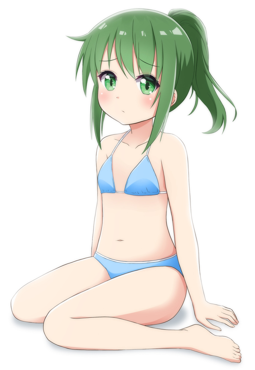 1girl, barefoot, bikini, blue_bikini, blush, flat_chest, green_eyes, green_hair
