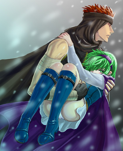 1girl, aozora_kyuuji, boots, couple, fire_emblem, fire_emblem:_rekka_no_ken, fire_emblem_blazing_sword, green_hair, jaffar, nino_(fire_emblem), panties, underwear, white_panties