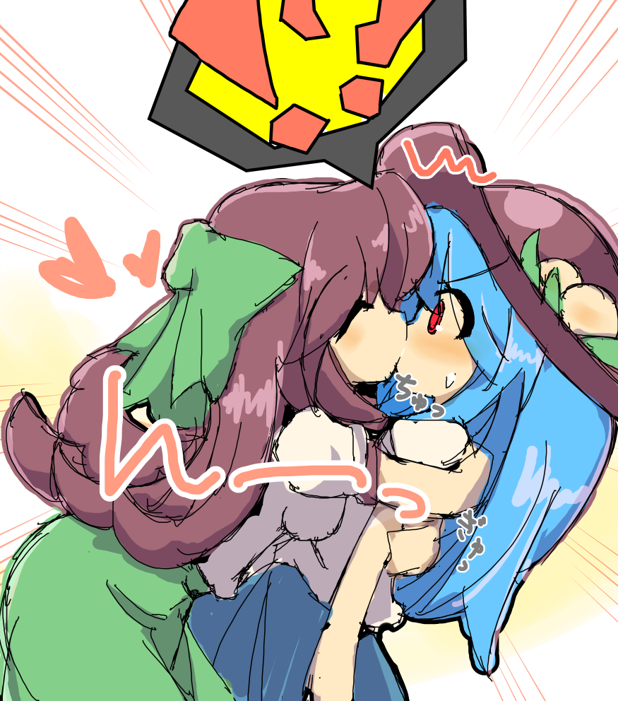 !?, 2girls, black_hair, black_hat, blue_hair, blue_skirt, bow, closed_eyes, commentary_request, facing_another, food, fruit, green_bow, green_skirt, hair_bow, hat, hinanawi_tenshi, honyaa_(honya--1123), hug, kiss, leaf, looking_at_another, multiple_girls, peach, puffy_short_sleeves, puffy_sleeves, red_eyes, reiuji_utsuho, shirt, short_sleeves, sketch, skirt, spoken_interrobang, sweat, touhou, white_shirt, yuri