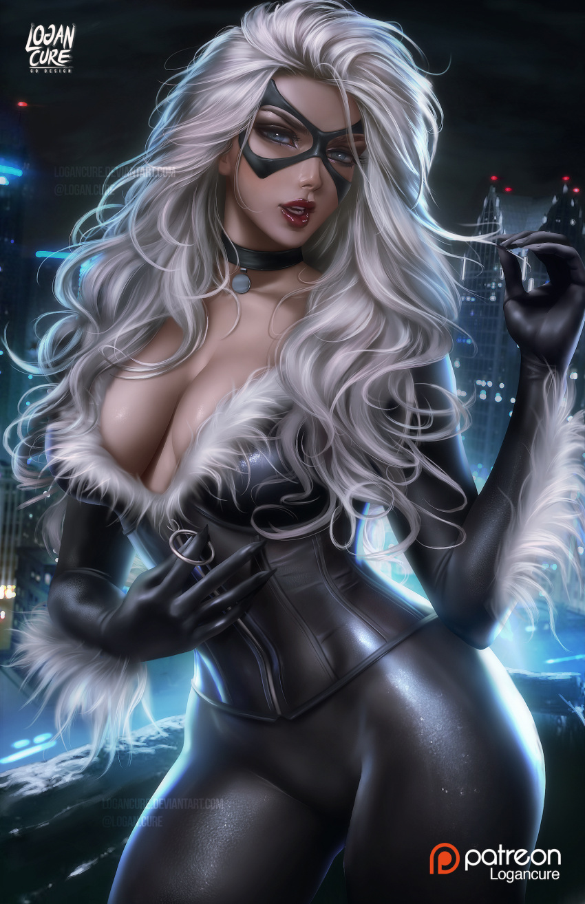 1girl, black_cat_(marvel), blue_eyes, bodysuit, breasts, choker, city, claws