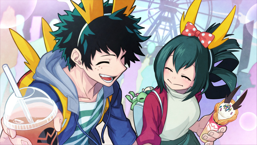 1boy, 1girl, amusement_park, asui_tsuyu, backpack, bag, blue_jacket, blush, boku_no_hero_academia, bow, breasts, closed_eyes, collarbone, commentary_request, cup, drink, drinking_straw, food, freckles, frog_girl, green_hair, hair_bow, hair_ornament, hair_rings, happy, hatsuta, highres, holding, holding_cup, holding_food, hood, hooded_jacket, jacket, long_hair, looking_at_another, midoriya_izuku, outdoors, red_jacket, shirt, short_hair, smile, striped, striped_shirt, two-tone_shirt, white_backpack, white_shirt, yellow_backpack