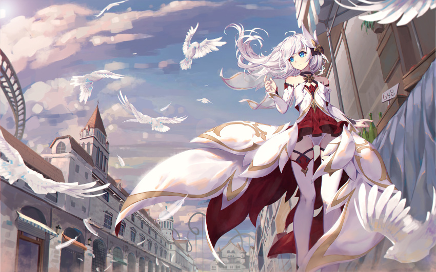 1girl, asa_ni_haru, bangs, bare_shoulders, bird, blue_eyes, blue_sky, breasts