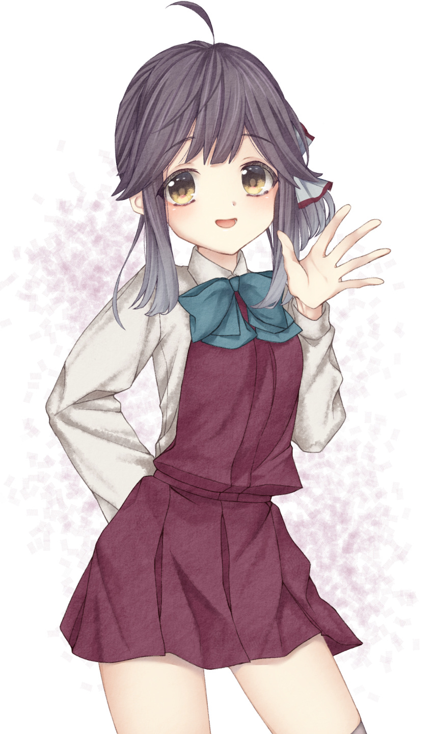 1girl, absurdres, ahoge, amane_(axmaxne), arm_behind_back, blue_neckwear, blush, bow