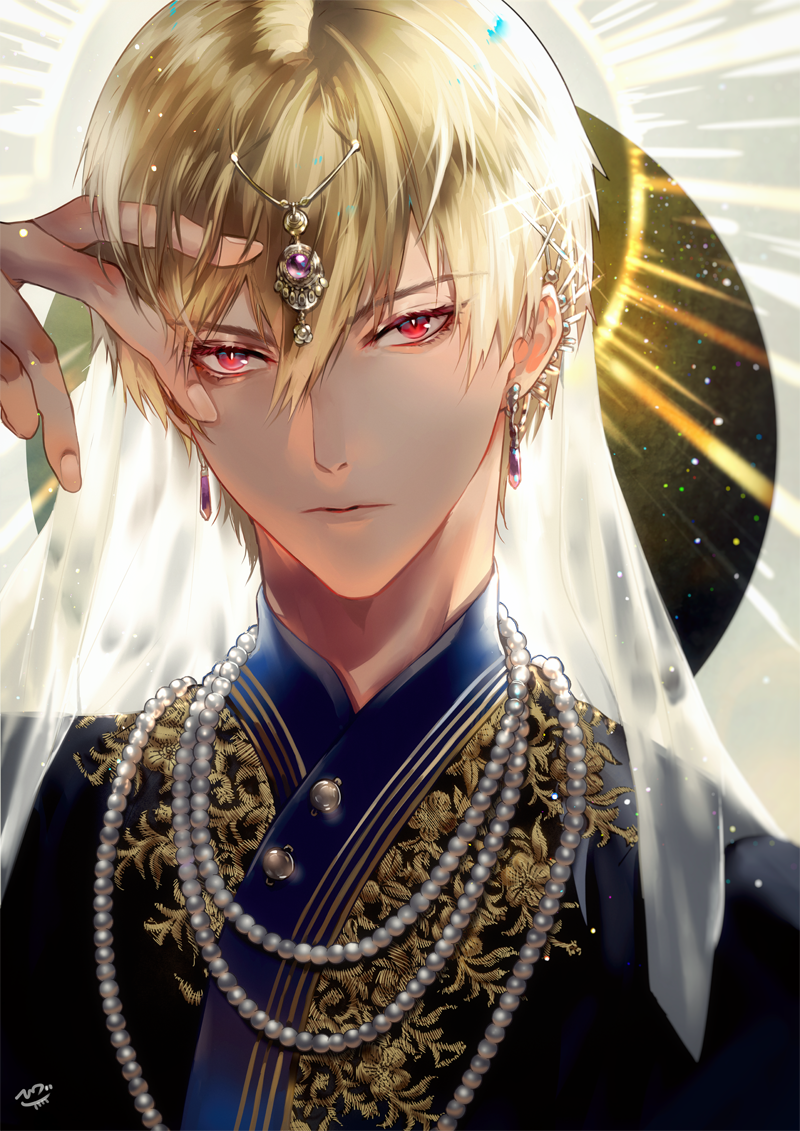1boy, blonde_hair, earrings, fate/stay_night, fate_(series), gilgamesh, hair_ornament, hand_in_hair, jewelry, looking_at_viewer, male_focus, necklace, portrait, red_eyes, sakura_hitsuji, solo, veil