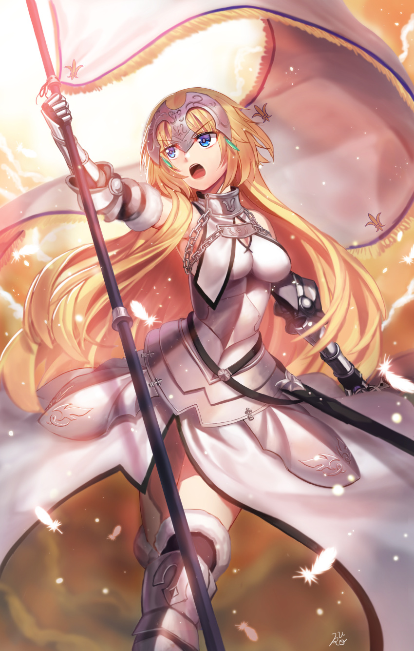 1girl, absurdres, armor, armored_boots, armored_dress, banner, black_legwear, blonde_hair