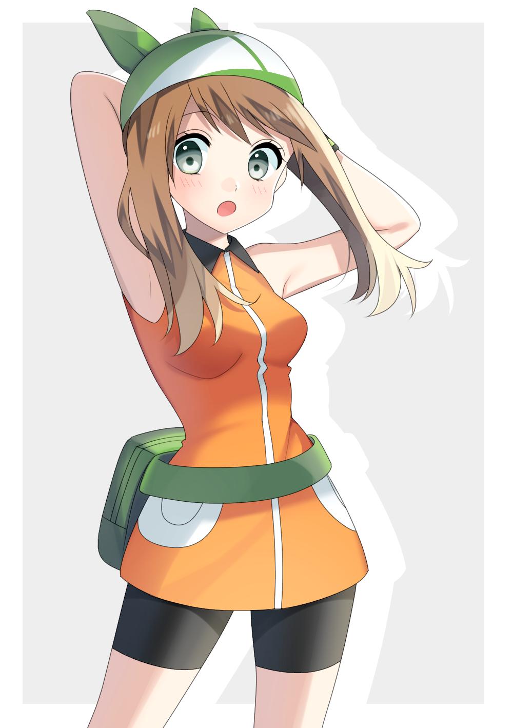 1girl, :o, arm_up, armpits, arms_behind_head, bangs, bike_shorts, black_shorts