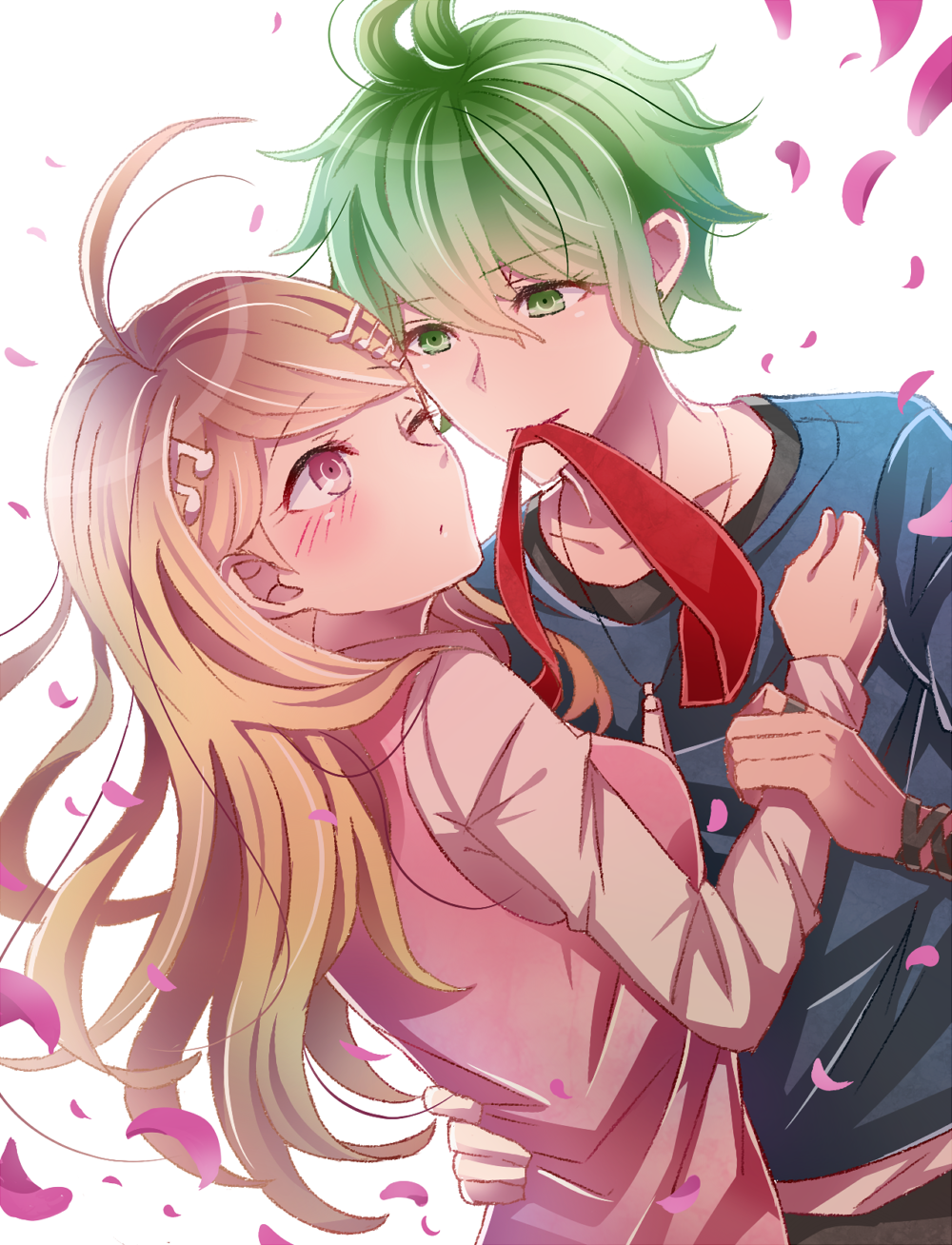 1boy, 1girl, ahoge, akamatsu_kaede, amami_rantarou, blonde_hair, blue_shirt, dangan_ronpa