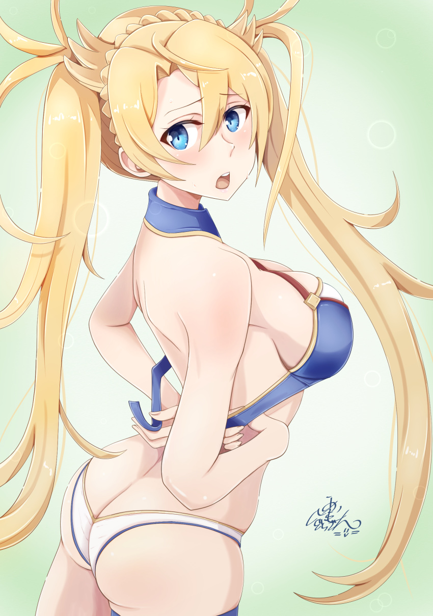 1girl, absurdres, ass, bangs, bare_shoulders, blonde_hair, blue_eyes, bradamante_(fate/grand_order)