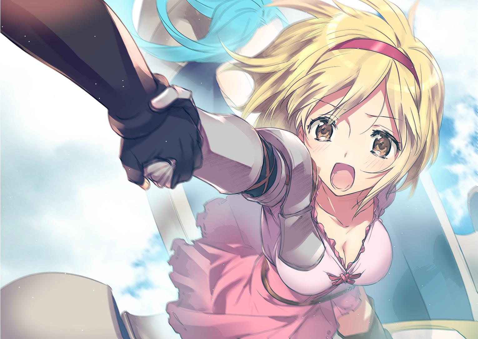1boy, 2girls, blonde_hair, blush, brown_eyes, djeeta_(granblue_fantasy), fingerless_gloves, gloves