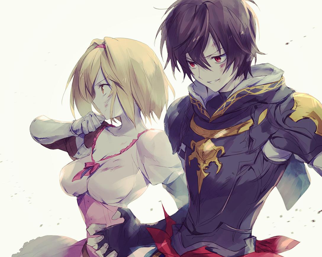1boy, 1girl, armor, blonde_hair, brown_eyes, brown_hair, djeeta_(granblue_fantasy), fingerless_gloves, gauntlets, gloves, granblue_fantasy, hairband, hinotta, hood, hood_down, puffy_short_sleeves, puffy_sleeves, red_eyes, sandalphon_(granblue_fantasy), scratches, short_hair, short_sleeves, smile