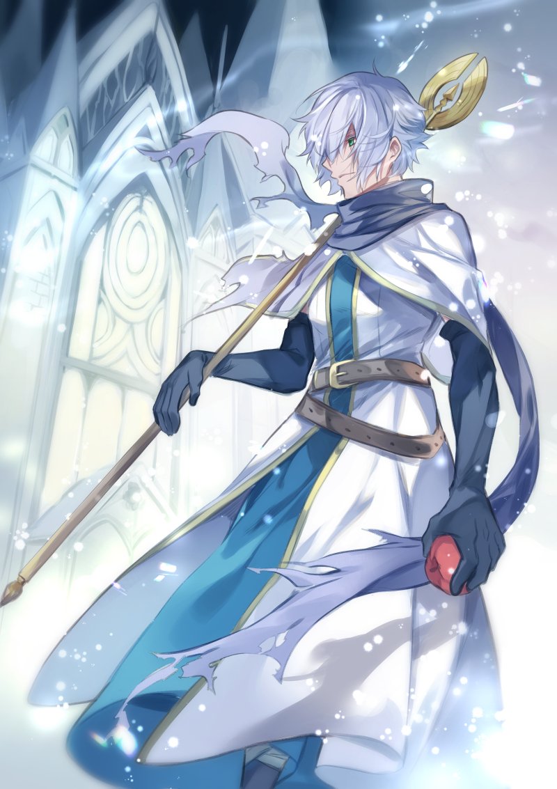 1boy, alternate_costume, apple, bracelet, cleric, cloak, elbow_gloves, food