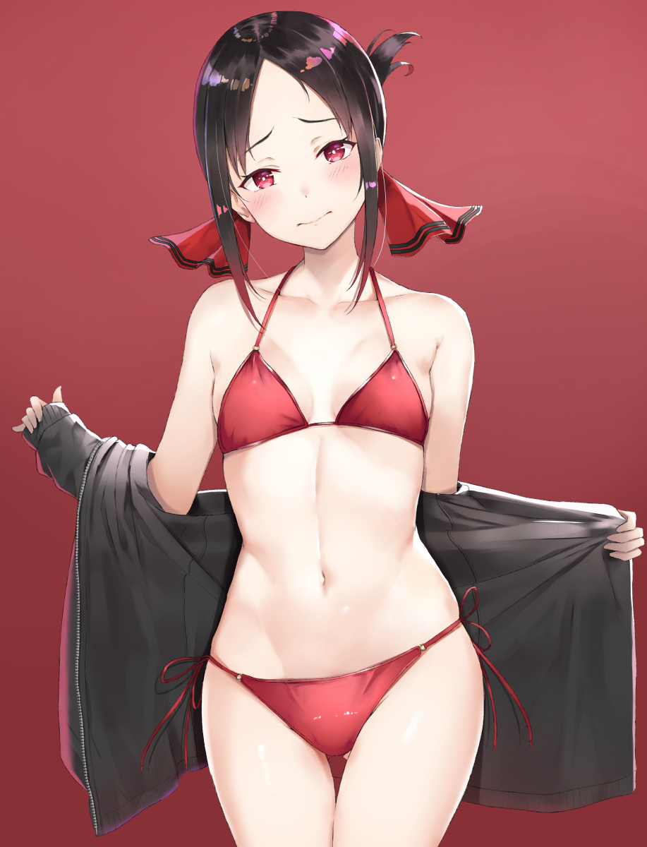 1girl, ass_visible_through_thighs, bangs, bare_shoulders, bikini, black_hair, black_jacket, blush, breasts, breasts_apart, collarbone, cowboy_shot, eyebrows_visible_through_hair, folded_ponytail, groin, hair_ribbon, head_tilt, highres, irohakaede, jacket, kaguya-sama_wa_kokurasetai_~tensai-tachi_no_renai_zunousen~, looking_at_viewer, navel, open_clothes, open_jacket, parted_bangs, red_background, red_bikini, red_eyes, red_ribbon, ribbon, shinomiya_kaguya, side-tie_bikini, sidelocks, simple_background, small_breasts, smile, solo, standing, stomach, swimsuit, thighs, undressing, unzipped
