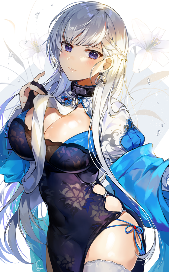 1girl, alternate_costume, azur_lane, bangs, belfast_(azur_lane), belfast_(iridescent_rose)_(azur_lane), blue_eyes, blush