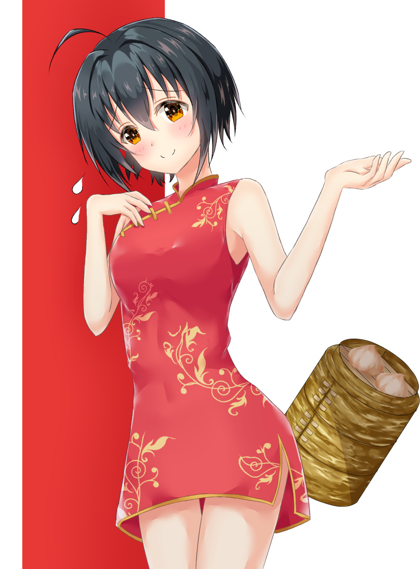 1girl, ahoge, ashinagi_(bijutu1), bamboo_steamer, bangs, baozi, bare_shoulders, black_hair, blush, breasts, brown_eyes, china_dress, chinese_clothes, closed_mouth, commentary_request, cowboy_shot, dress, dumpling, embarrassed, eyebrows_visible_through_hair, food, hair_intakes, highres, idolmaster, idolmaster_cinderella_girls, kohinata_miho, looking_at_viewer, medium_breasts, nervous_smile, short_hair, side_slit, sleeveless, smile, solo, standing, sweatdrop
