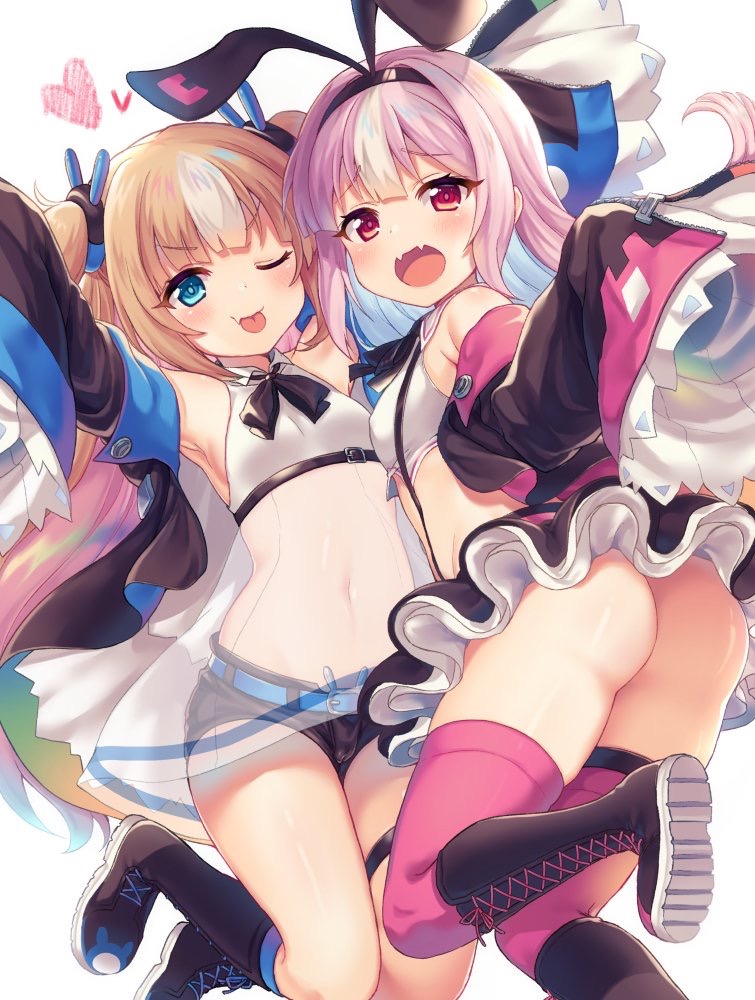 2girls, :d, ;p, arm_up, ass, azur_lane, bare_shoulders, belt