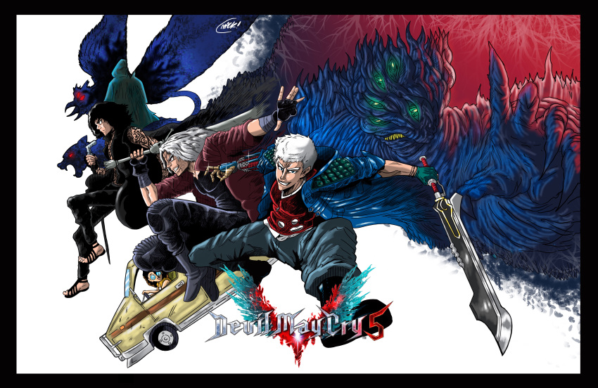 1girl, 6+boys, absurdres, arm_tattoo, belt_buckle, bird, black_coat, black_gloves, black_hair, blue_eyes, bracelet, breasts, buckle, cane, cleavage, cloak, coat, dante_(devil_may_cry), demon, devil_may_cry, devil_may_cry_(series), devil_may_cry_5, extra_eyes, fingerless_gloves, freckles, frown, full_body_tattoo, glasses, gloves, grid, highres, jacket, jewelry, long_hair, multiple_boys, necklace, nero_(devil_may_cry), nico_(devil_may_cry), panther, rebellion_(sword), red_coat, red_queen_(sword), sharp_teeth, short_hair, silver_hair, smile, superzillaking, sword, tattoo, teeth, urizen_(devil_may_cry), v_(devil_may_cry), vergil, vergil_(devil_may_cry), weapon, white_hair