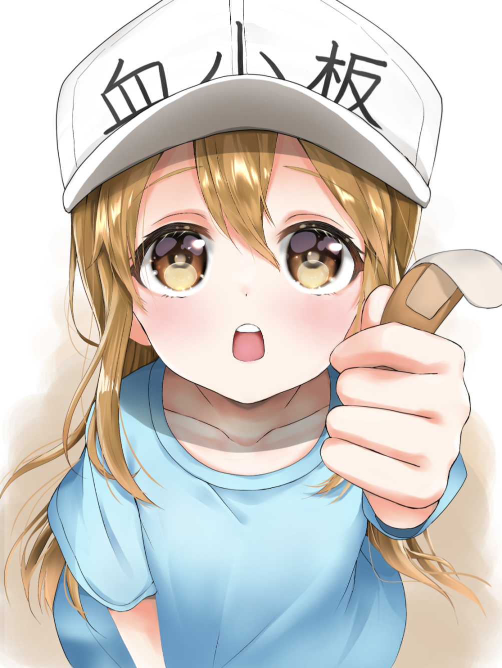 1girl, bandaid, blue_shirt, brown_eyes, brown_hair, hair_between_eyes, hat, hataraku_saibou