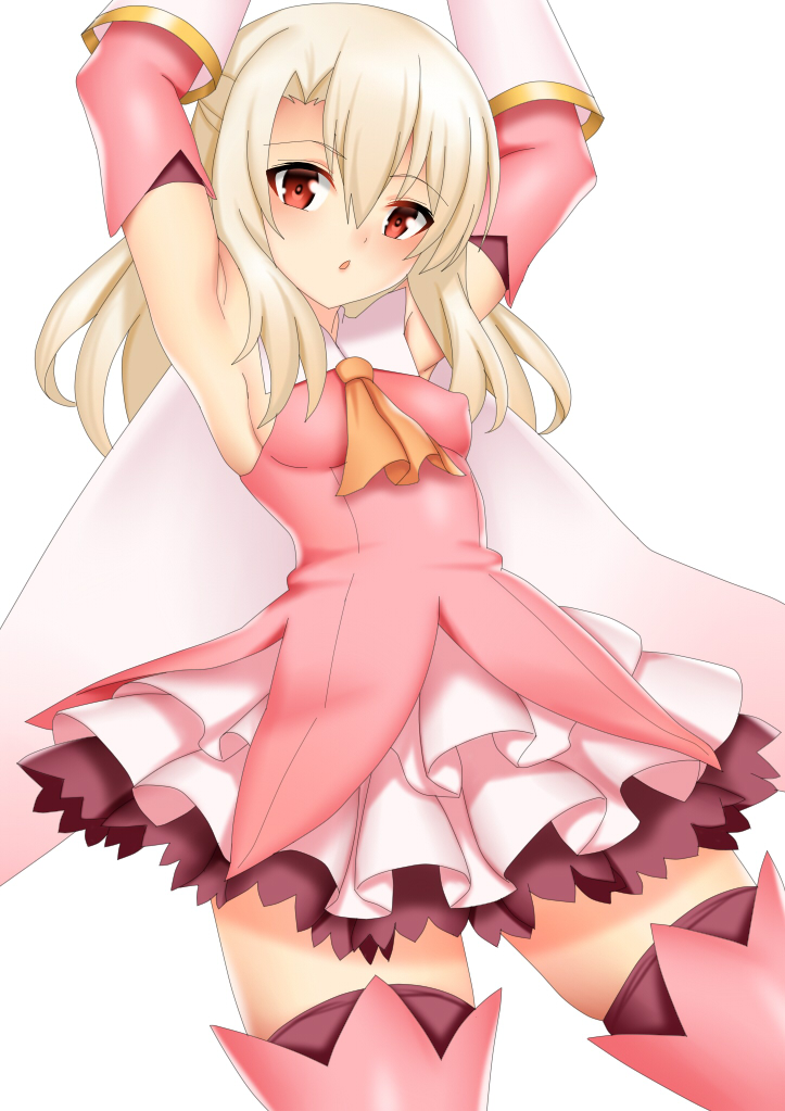 1girl, armpits, arms_up, bangs, bare_shoulders, blush, boots, breasts