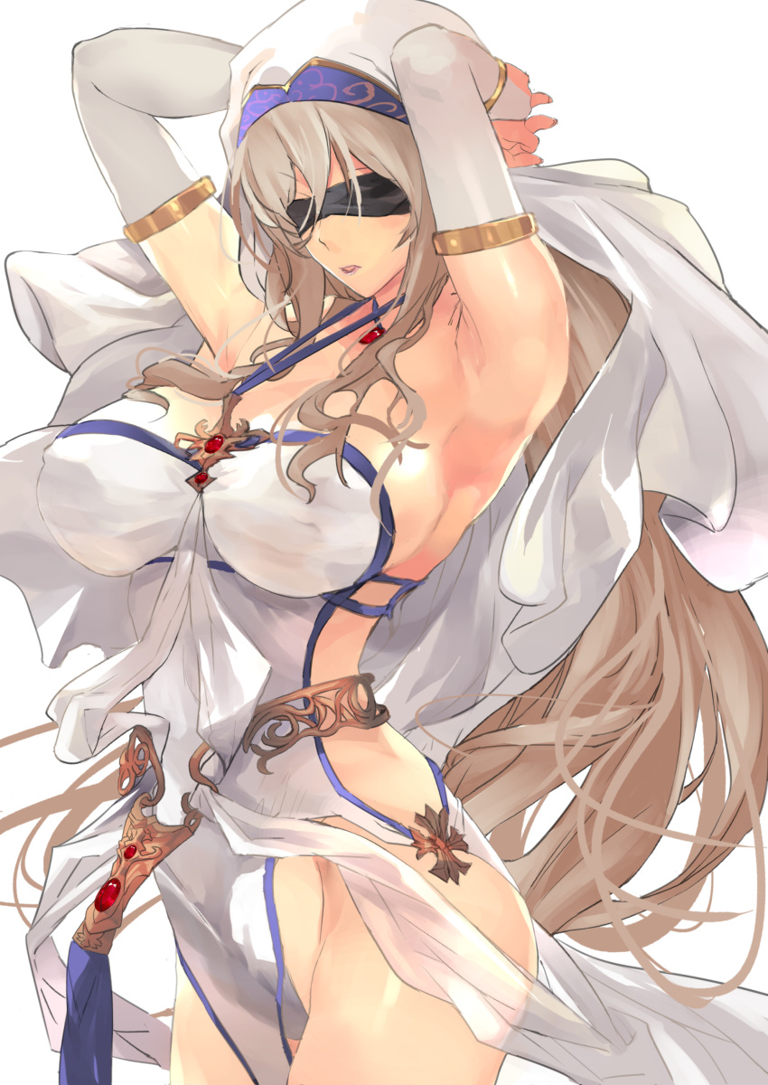 1girl, absurdres, armpits, arms_up, bangs, bare_shoulders, blindfold, blonde_hair