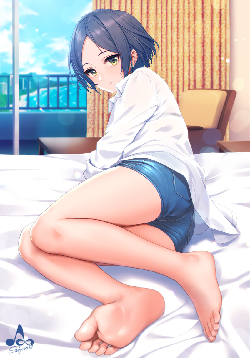 1girl, artist_name, ass, bangs, bare_legs, barefoot, blue_hair, blue_shorts