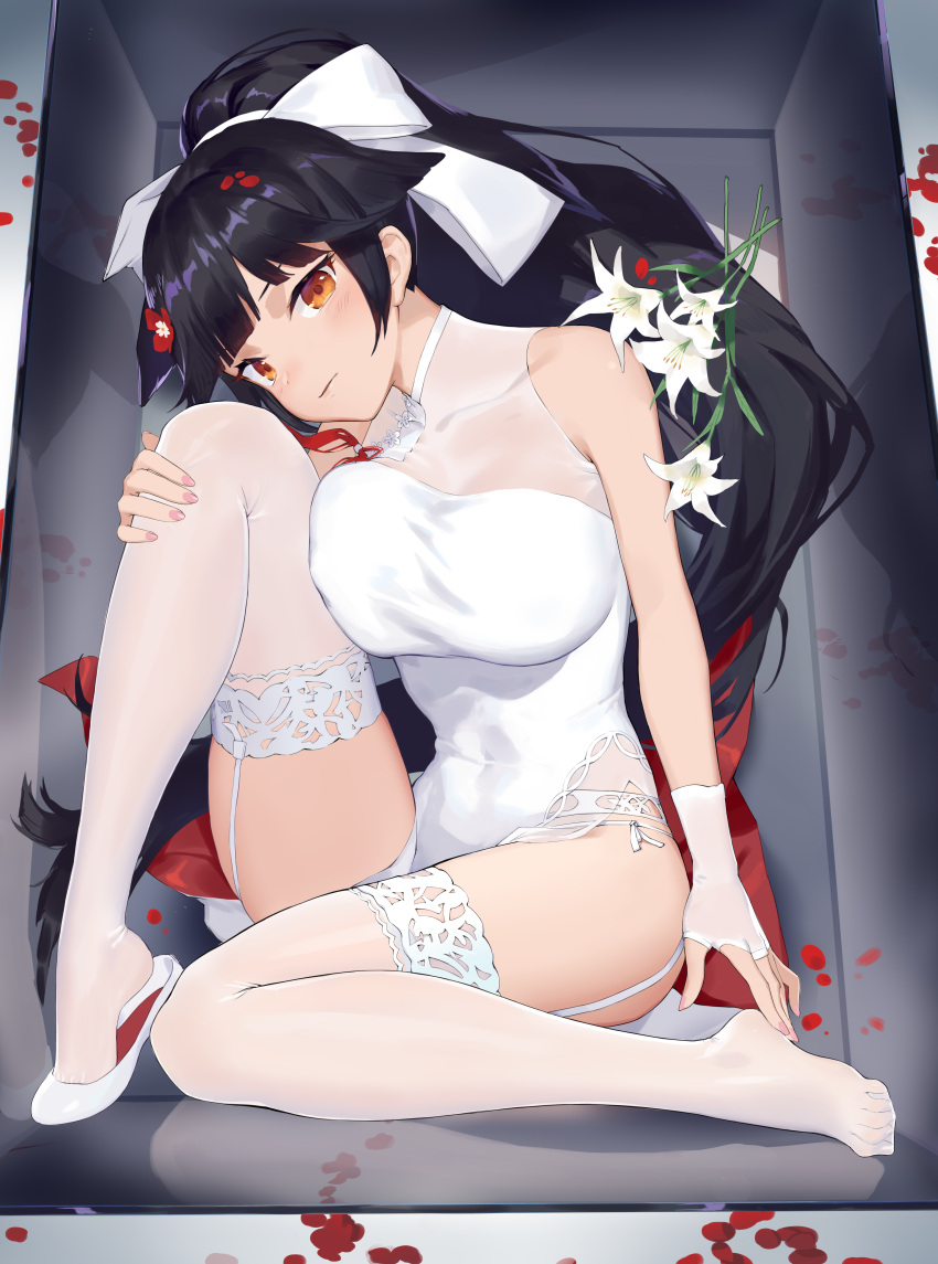 1girl, absurdres, azur_lane, black_hair, bow, box, breasts, covered_navel