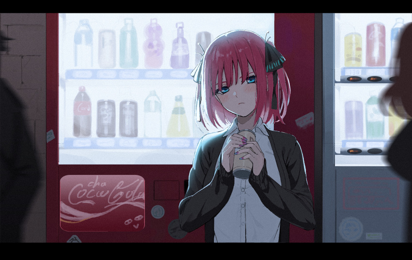 1girl, bangs, blue_eyes, blunt_bangs, blush, breasts, can, cardigan