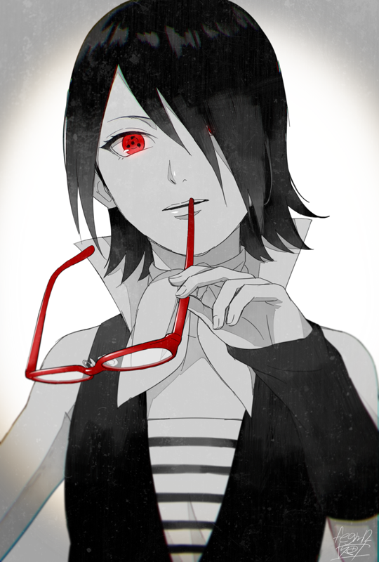 1girl, bangs, boruto:_naruto_next_generations, commentary, detached_sleeves, expressionless, eyewear_removed, fegm12
