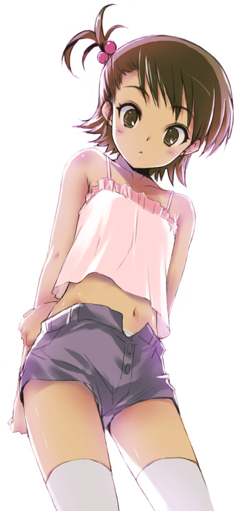 1girl, ami_futami, arms_behind_back, backlighting, blush, brown_hair, camisole, child, denim, denim_shorts, female, flat_chest, futami_ami, hair_bobbles, hair_ornament, idolmaster, kawata_hisashi, loli, looking_down, mami_futami, midriff, navel, panties, short_hair, shorts, simple_background, skirt, solo, stare, the_idolm@ster, thigh_highs, thighhighs, unbuttoned, white_legwear, white_panties, wide-eyed