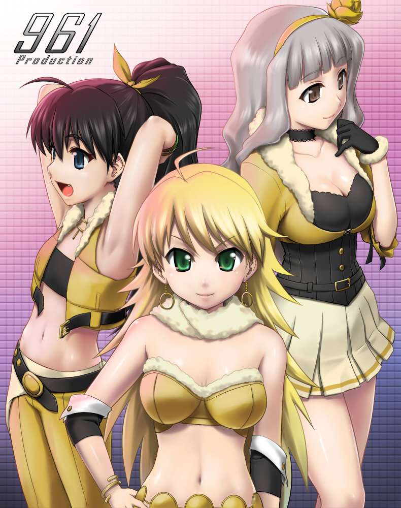 black_hair, blonde_hair, earrings, fang, ganaha_hibiki, hairband, hoshii_miki, idolmaster