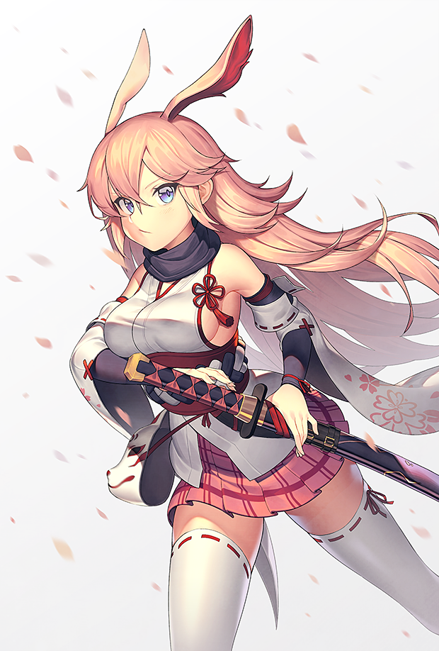 1girl, animal_ears, bangs, bare_shoulders, black_scarf, blue_eyes, blush, breasts