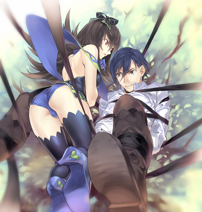 black_hair, blue_hair, bondage, boots, bow, brown_hair, character_request, couple