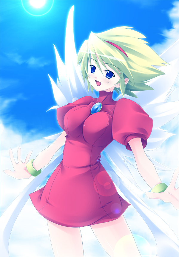 blue_eyes, breath_of_fire, breath_of_fire_iii, dress, green_hair, nina_(breath_of_fire_iii), nina_iii, sky, wings
