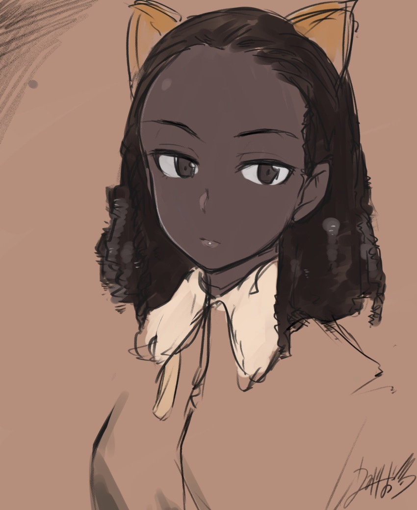 1girl, animal_ears, black_hair, brown_background, brown_eyes, dark_skin, emirio_(user_wmup5874), highres