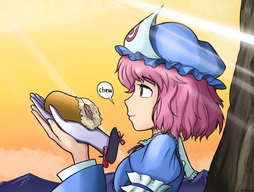 1girl, commentary, disembodied_limb, eating, english_commentary, english_text, food, gap