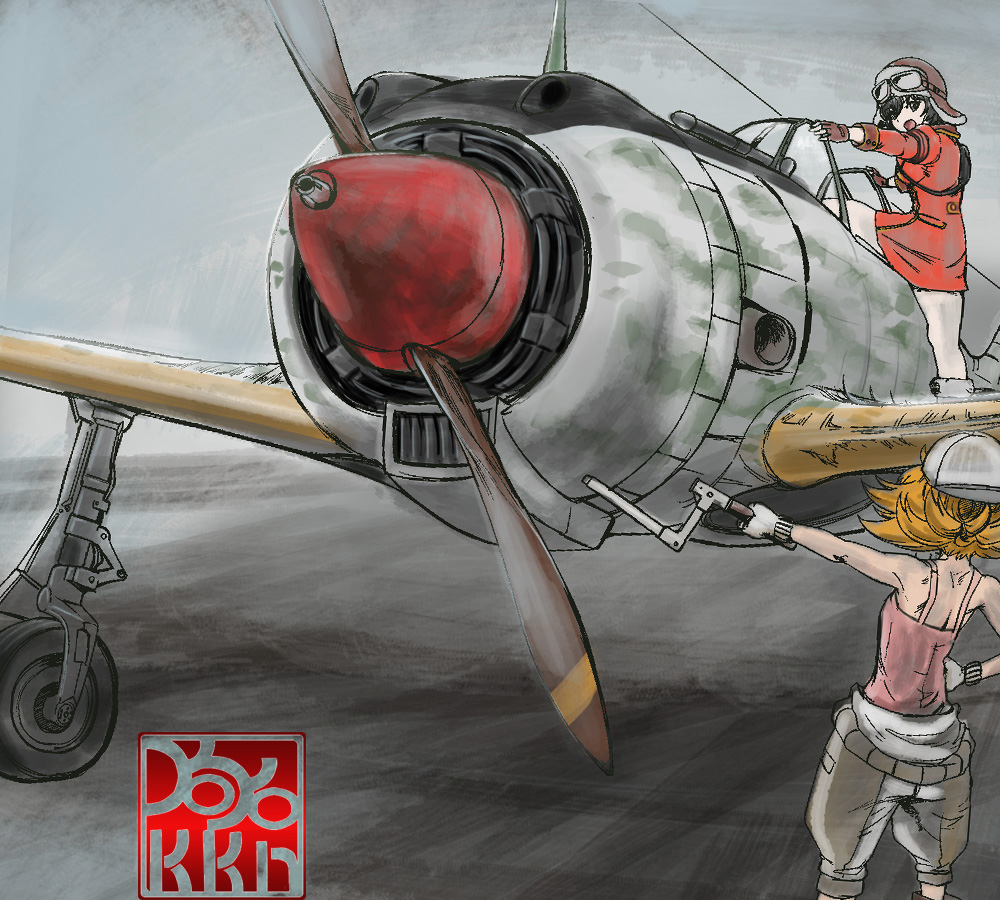 2girls, aircraft, airplane, baseball_cap, bird, black_hair, blonde_hair, boots