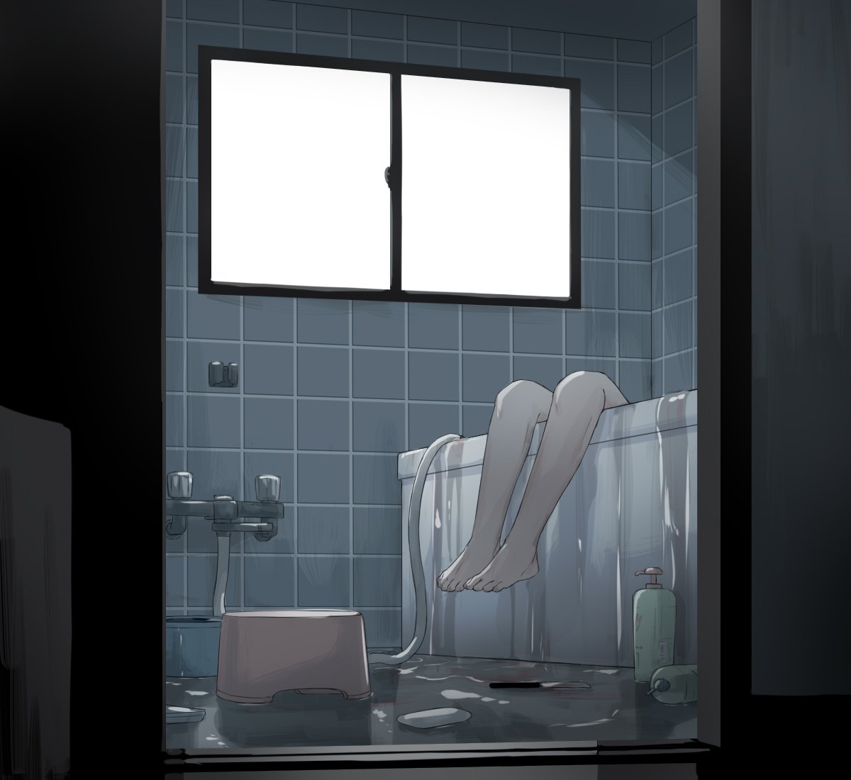 ambiguous_gender, avogado6, barefoot, bathroom, bathtub, hose, indoors, legs