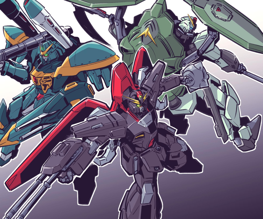 bazooka, calamity_gundam, cannon, flail, forbidden_gundam, glowing, glowing_eyes, gundam, gundam_seed, highres, holding, holding_weapon, ishiyumi, morning_star, no_humans, raider_gundam, scythe, shield, shoulder_cannon, weapon