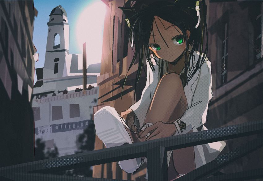 1girl, black_hair, blurry, building, choker, city, depth_of_field, francesca_lucchini