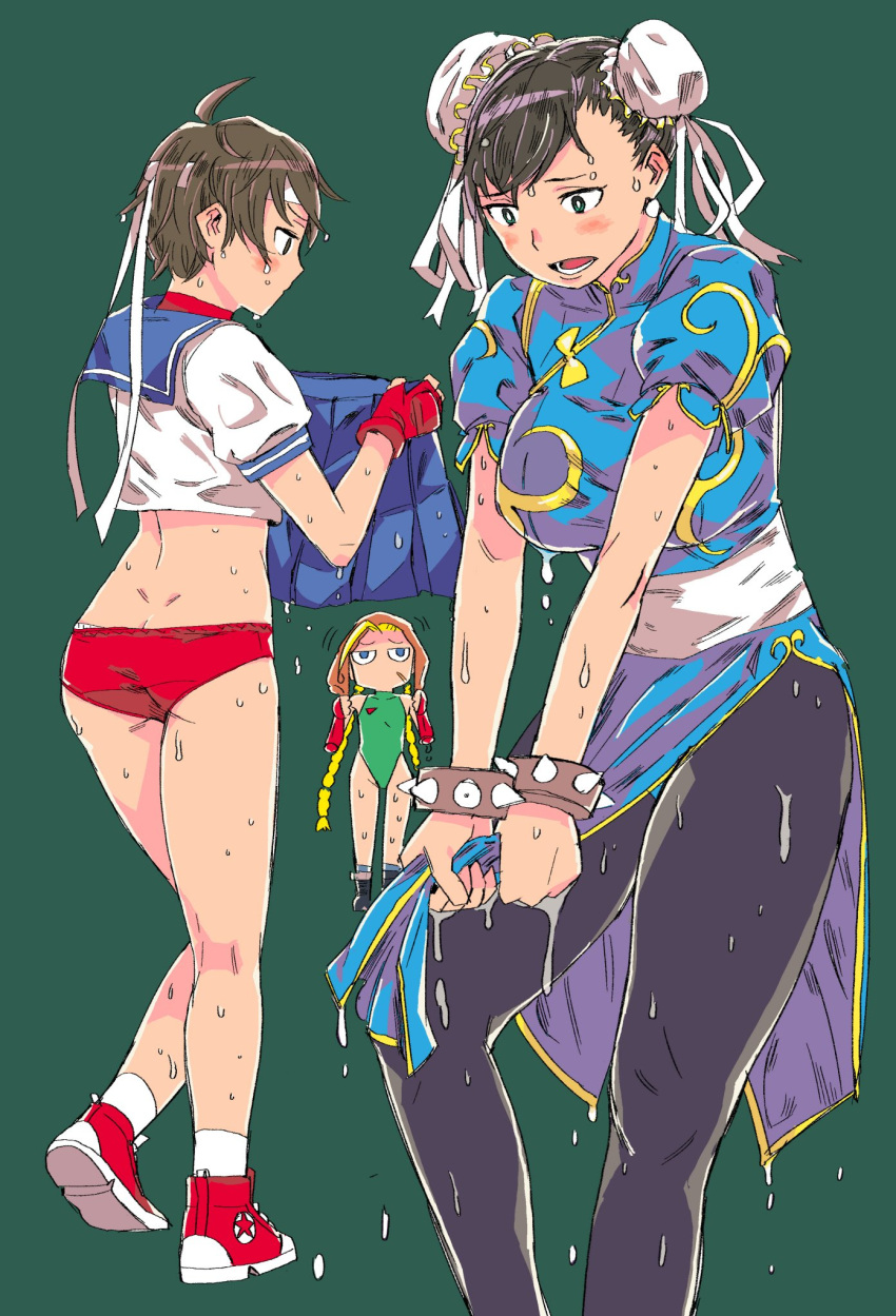 3girls, black_legwear, blush, brown_hair, bun_cover, cammy_white, capcom, china_dress, chinese_clothes, chun-li, distant, double_bun, dress, drying, drying_clothes, fingerless_gloves, full_body, gloves, green_background, green_leotard, hair_ornament, headband, highres, kasugano_sakura, leotard, motion_lines, multiple_girls, open_mouth, panties, pelvic_curtain, puffy_short_sleeves, puffy_sleeves, red_panties, sexybeam, shoes, short_sleeves, simple_background, skirt, sneakers, spikes, street_fighter, street_fighter_iv_(series), trembling, trio, underwear, water, wet, wet_clothes, wet_hair, wringing_clothes, wringing_skirt