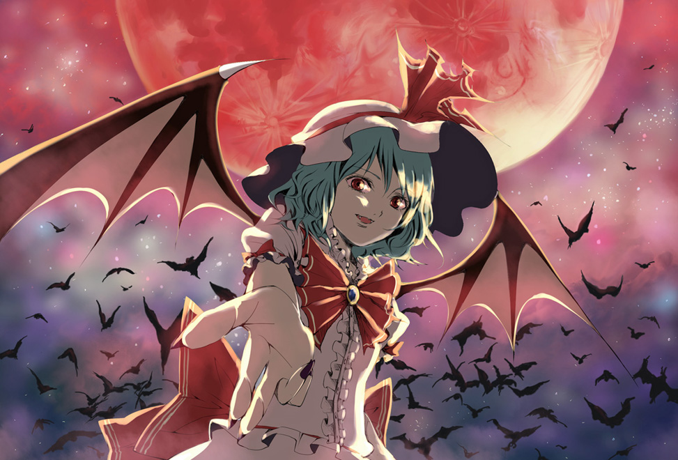 bat_wings, bats, fangs, moon, red_eyes, red_moon, remilia_scarlet, shishou