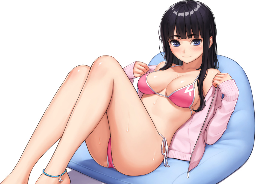 1girl, ankleband, ass, bangs, bare_legs, bikini, black_hair, blue_eyes