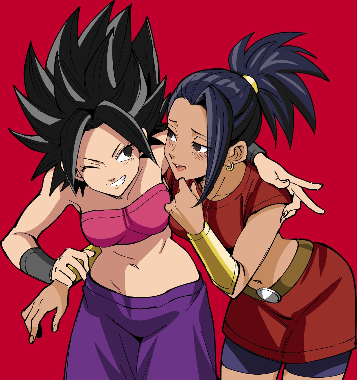 2girls, :d, ;d, arm_around_shoulder, bang, bare_arms, bare_shoulders, belt