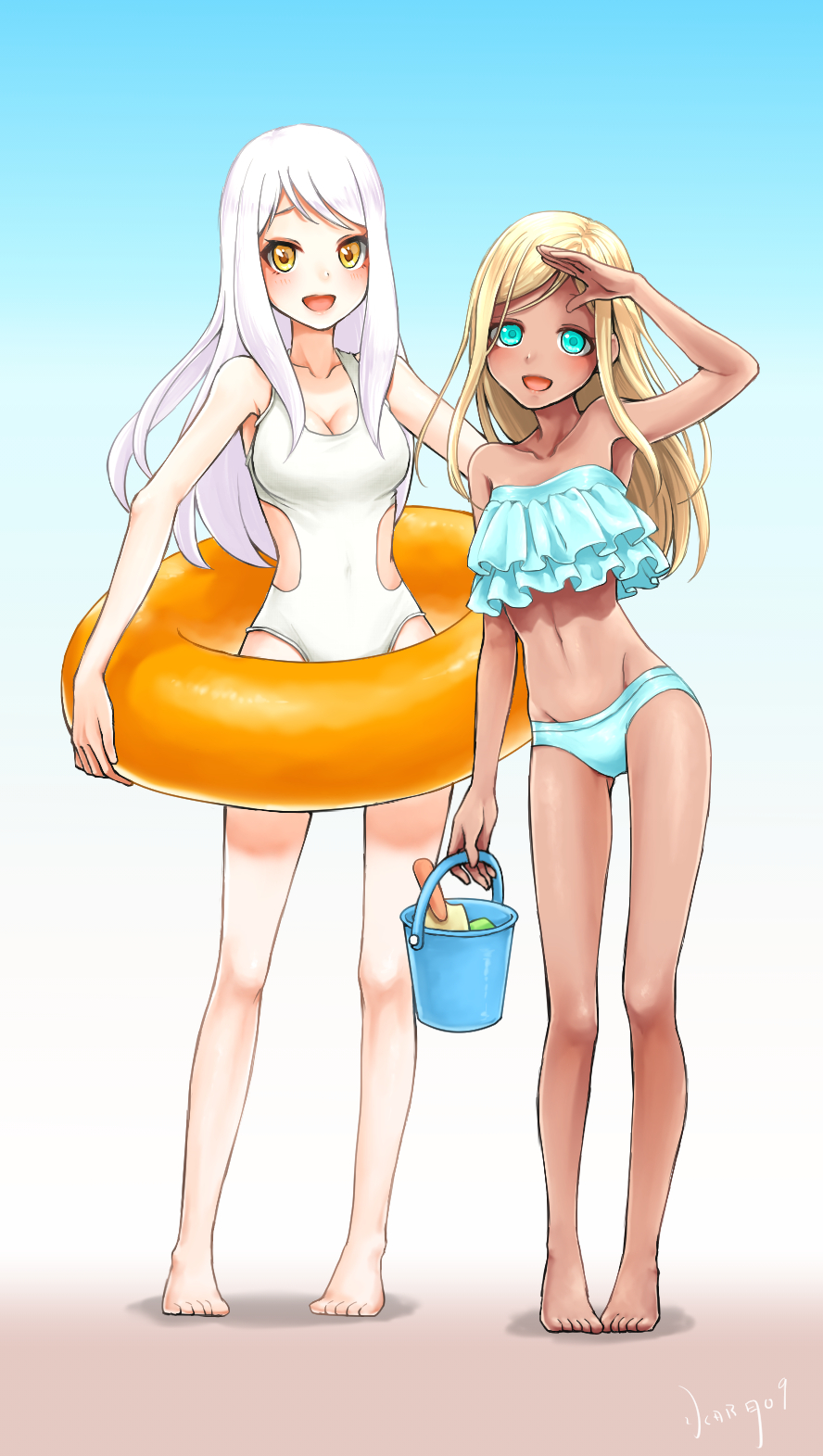 2girls, :d, arm_up, bare_arms, bare_legs, bare_shoulders, barefoot, bikini, blonde_hair, blue_bikini, blue_eyes, breasts, bucket, cleavage, collarbone, covered_navel, dark_skin, eve_santaclaus, full_body, gluteal_fold, gradient, gradient_background, groin, highres, holding, holding_bucket, idolmaster, idolmaster_cinderella_girls, innertube, layla_(idolmaster), legs_apart, looking_at_viewer, minazukio9, multiple_girls, navel, one-piece_swimsuit, open_mouth, orange_innertube, shading_eyes, shadow, smile, standing, straight_hair, swimsuit, white_hair, white_swimsuit, yellow_eyes